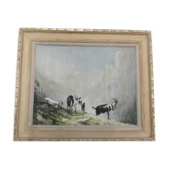 Oil painting signed mountain landscape herd of goats