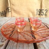 Ancient Rose Glass Plate with 4 Small Liqueur Glasses