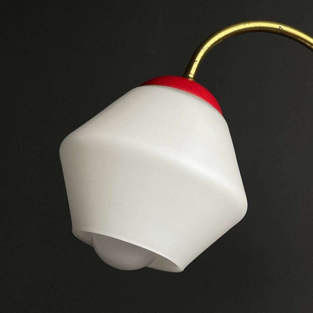 Italian vintage chandelier in brass and milky glass with 3 arms, 1950s.