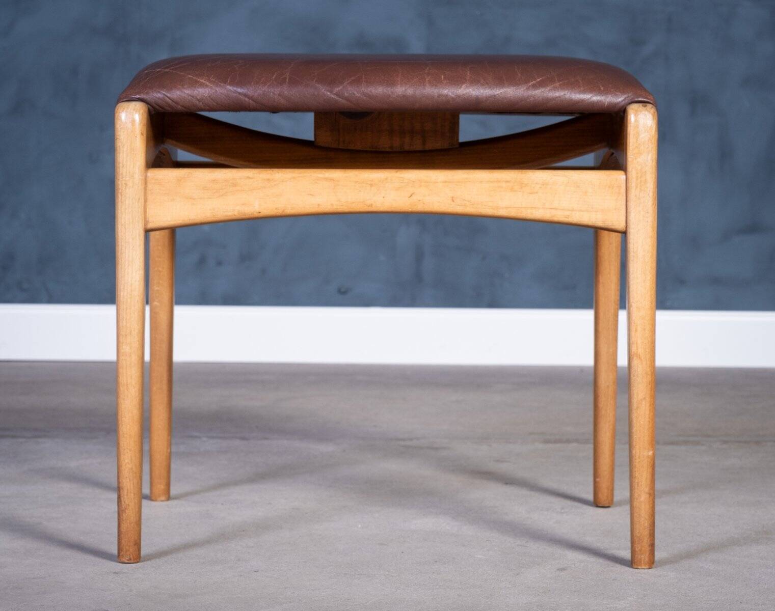 Mid-Century Stool in Beech with Brown Leather Seat, Denmark, 1950s