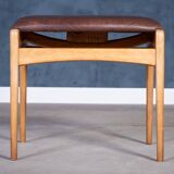Mid-Century Stool in Beech with Brown Leather Seat, Denmark, 1950s