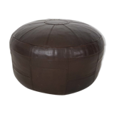 Mid-century brown leather round pouf