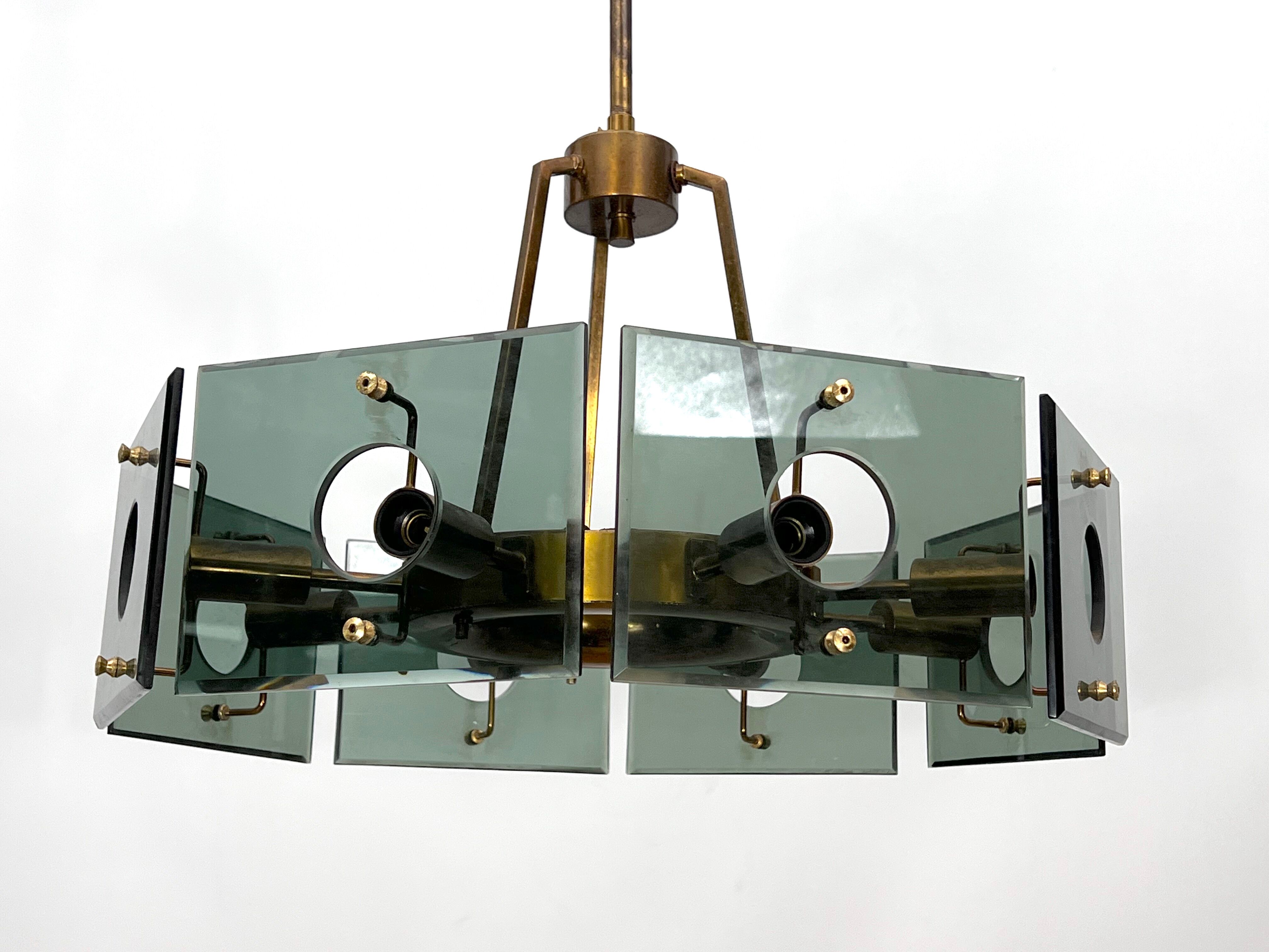 Gino Paroldo, modernist brass and smoked glass chandelier, Italy 1960s