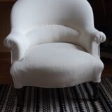 Fauteuil crapaud ancien en toile de chanvre lavée