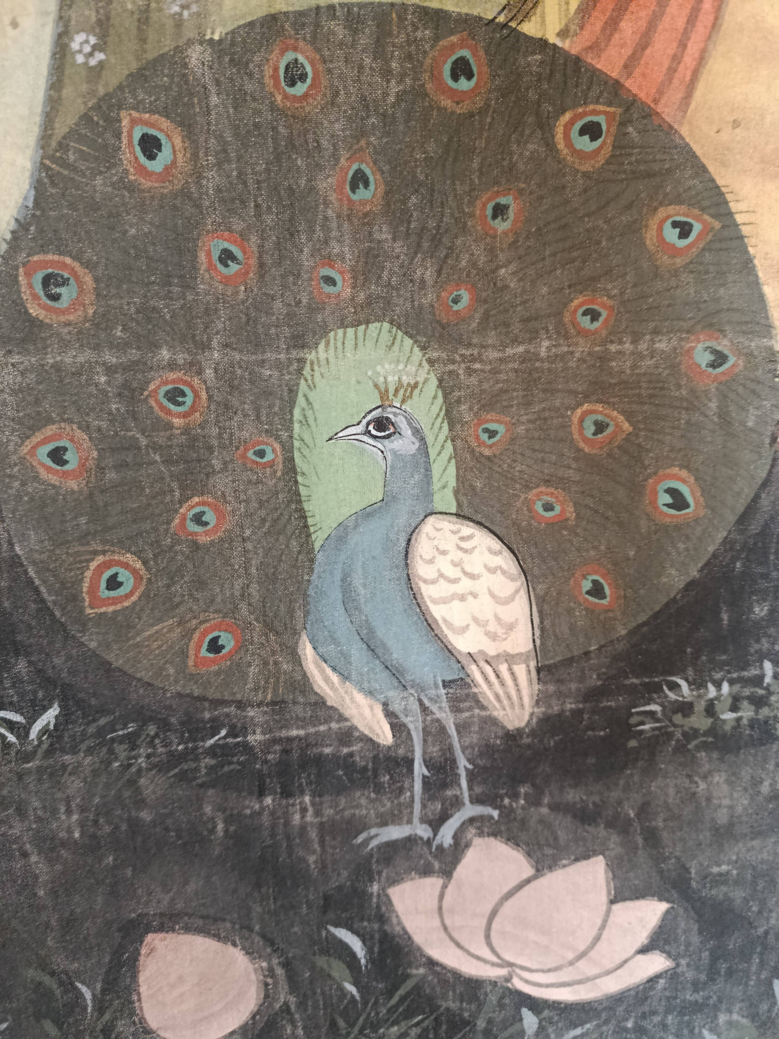 INDIA PICHWAI painting on silk KRISHNA RADHA GOPIS, Kanera Rajasthan mid 20th century