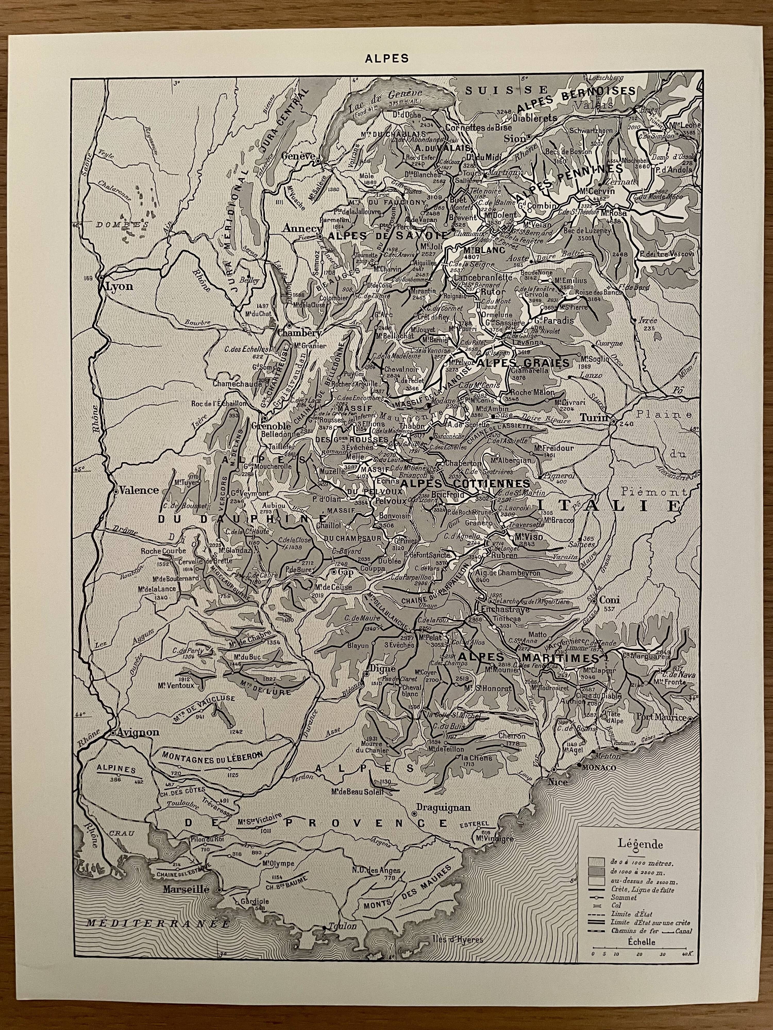 Old map of the Alps from 1928