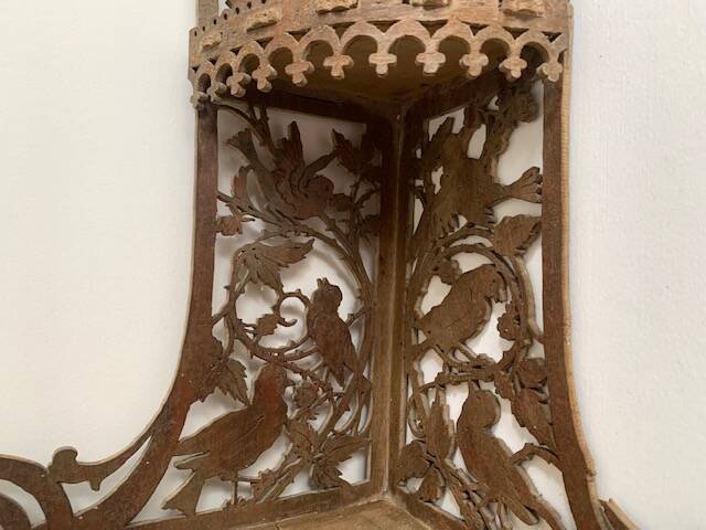 Hand-cut wooden corner shelf with bird decoration from the 1900s