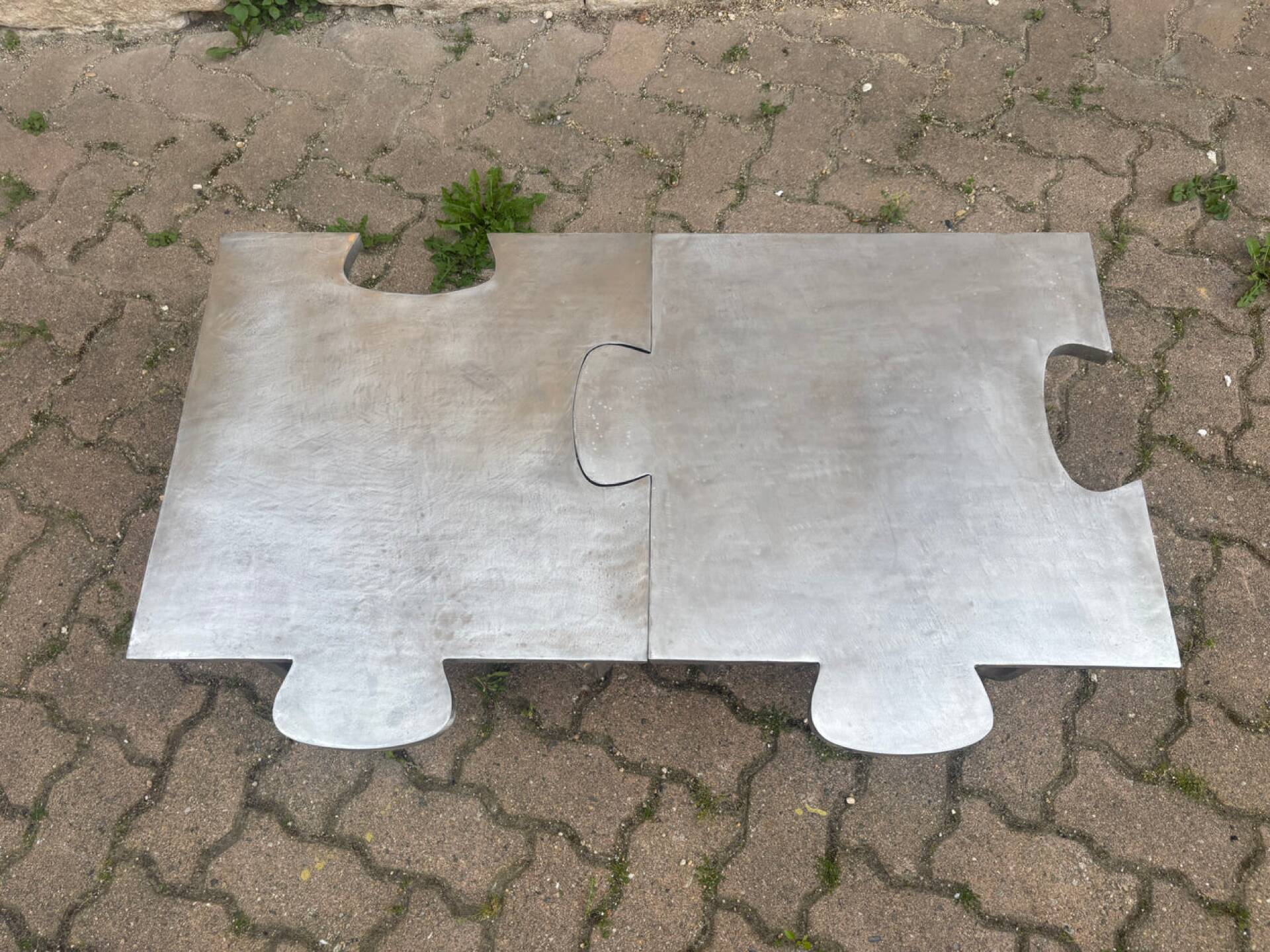 Pair of uniquely designed handmade puzzle coffee tables