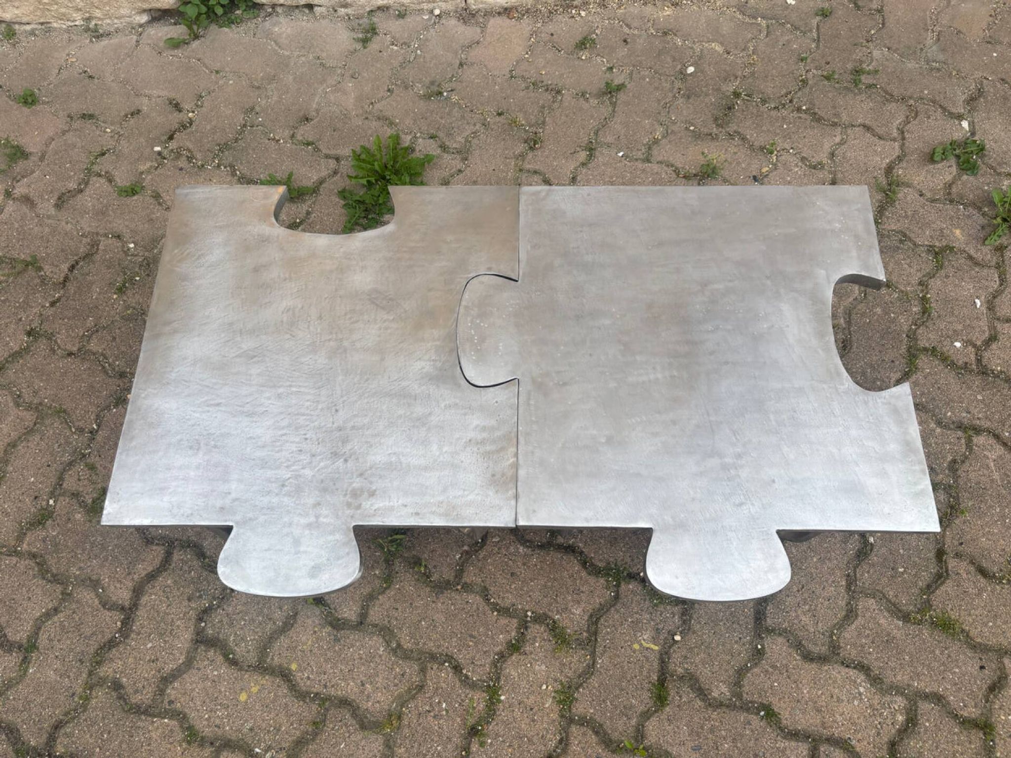 Pair of uniquely designed handmade puzzle coffee tables