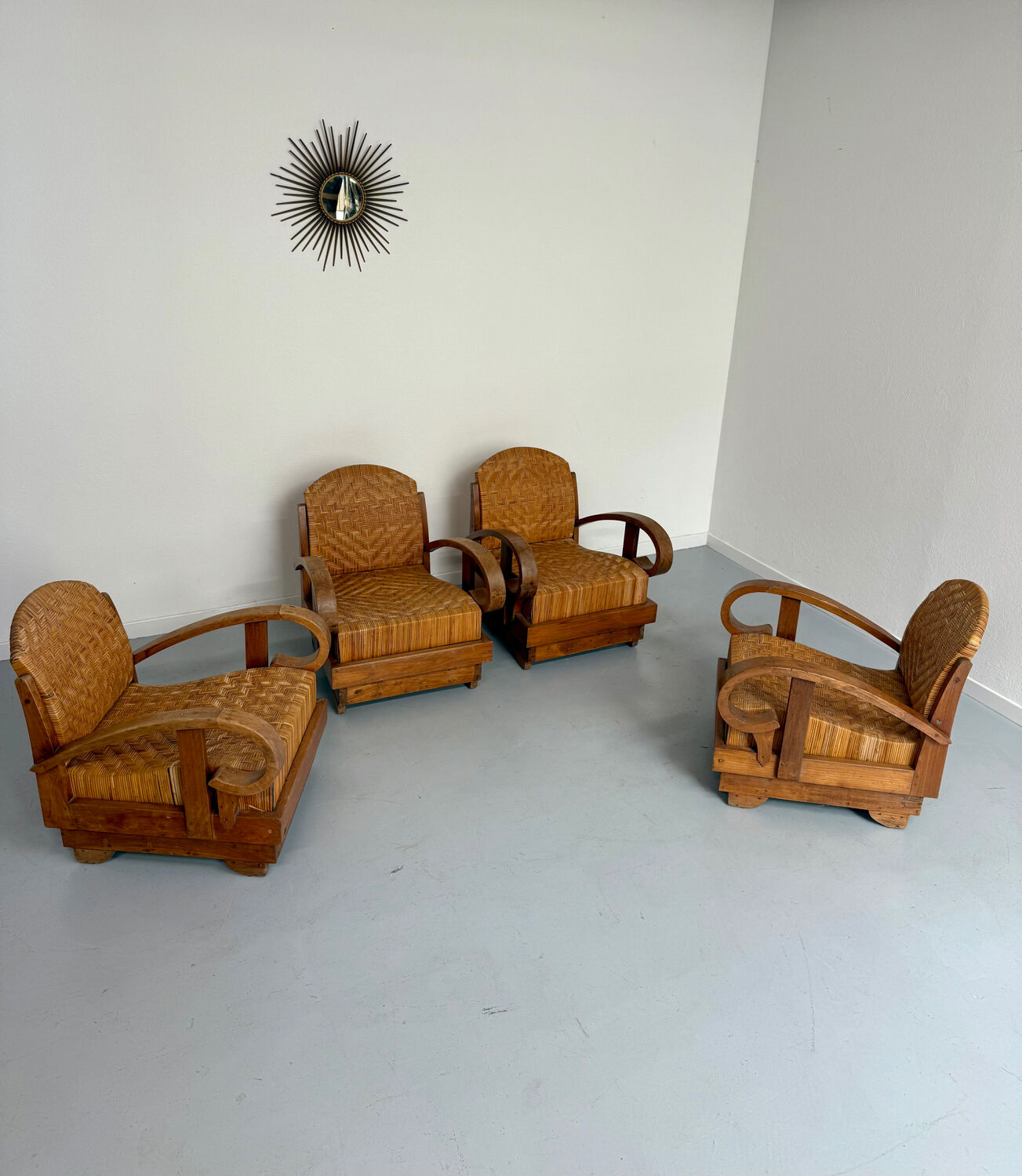Set of 4 woven rattan armchairs, colonial style, 1950s