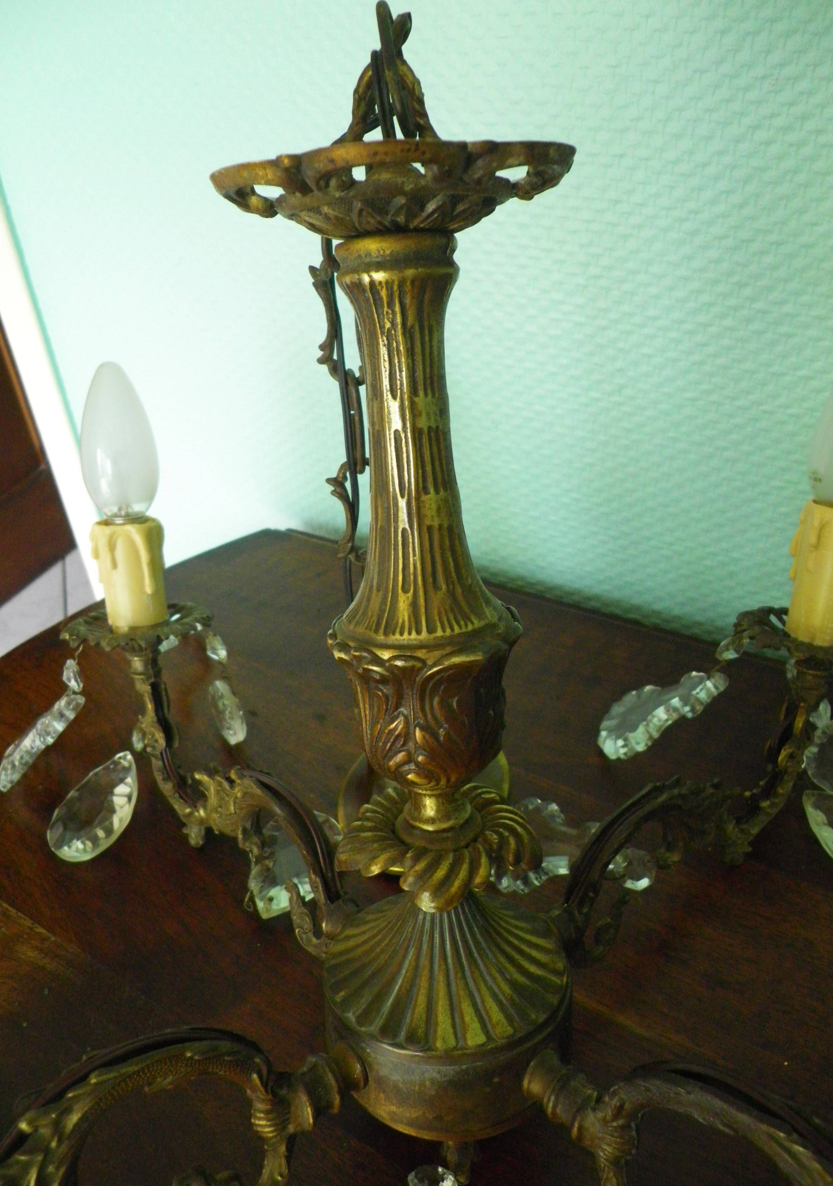 Rococo chandelier with crystal pendants, 4 lights, brass and metal 1950/1960