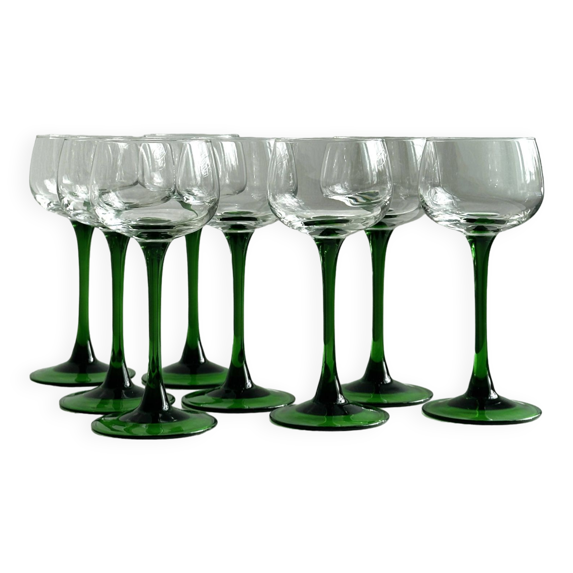 8 verres à vin d'Alsace, pied en verre vert