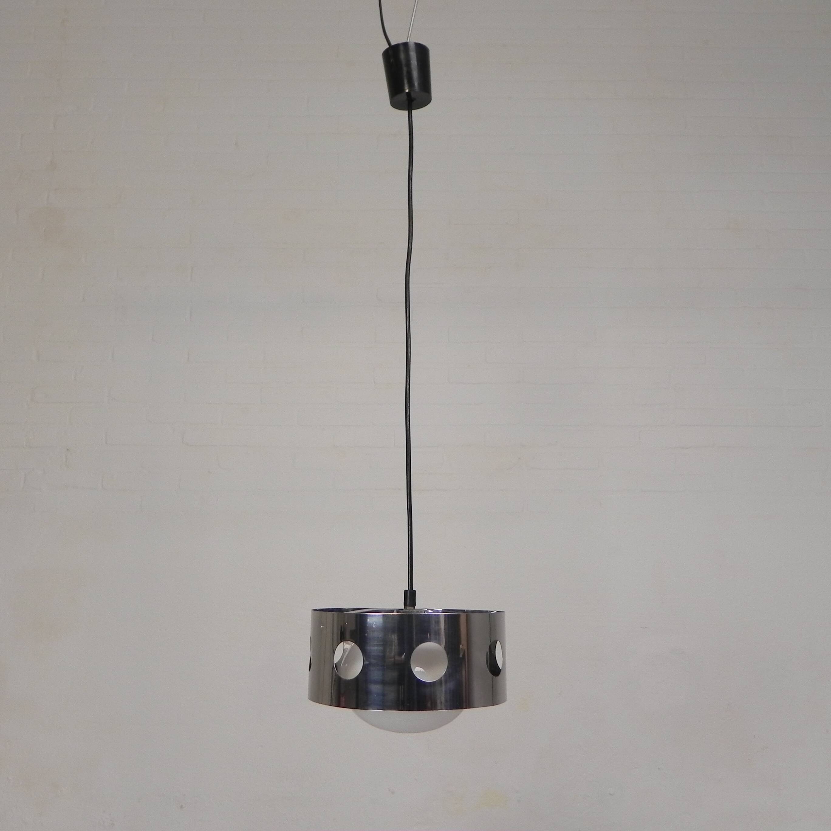 Vintage pendant lamp with chrome cylinder and glass globe