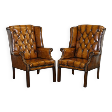 Chesterfield Wingback Armchair Set in Hand-Dyed Brown Leather, 1960s