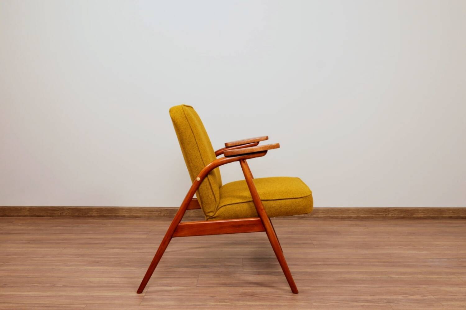 MID Century Armchair Ocher Yellow Wool, Turned Legs, 1960s