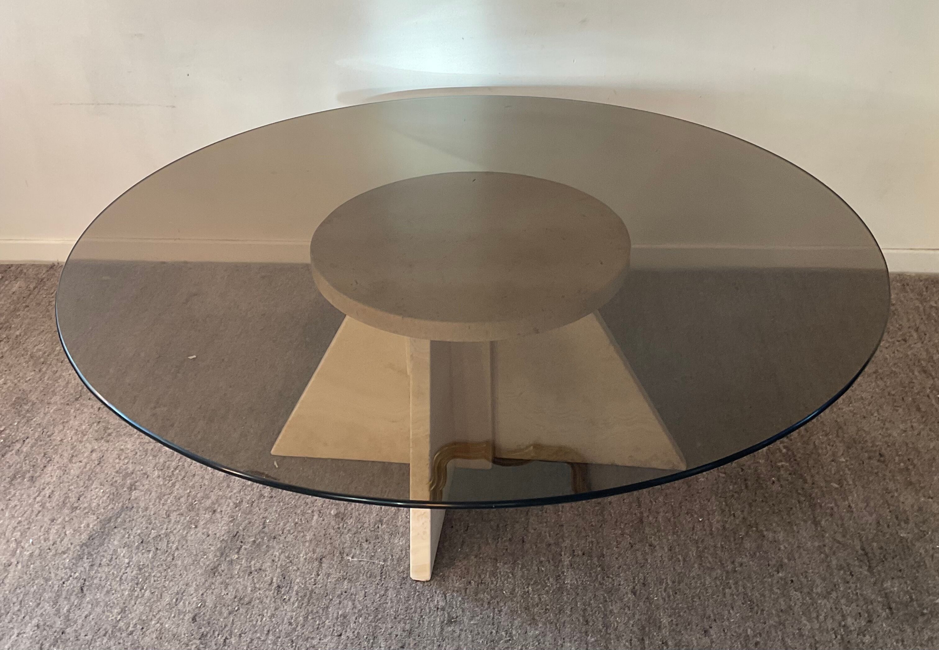 Vintage coffee table in travertine and smoked glass 70s