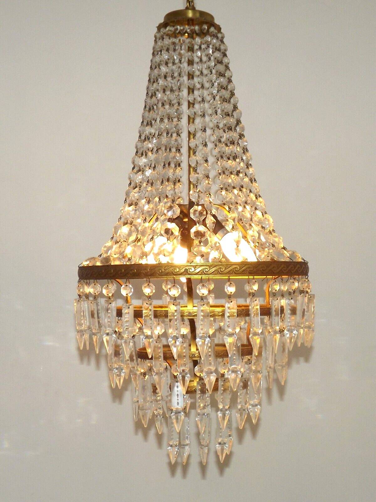 1900s Brass and Crystal Cascade Chandelier