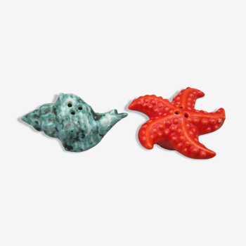 Paire de salière/poivrière vintage en céramique "étoile de mer et coquillage"