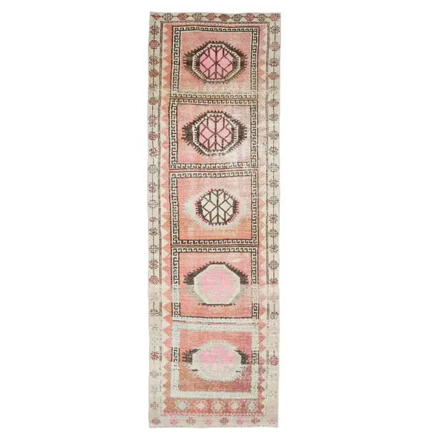 Vintage Turkish Hand-Knotted Wool Cotton Pink Runner Rug 99x345
