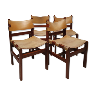 Suite of 4 brutalist chairs - elm & leather - ca 1960