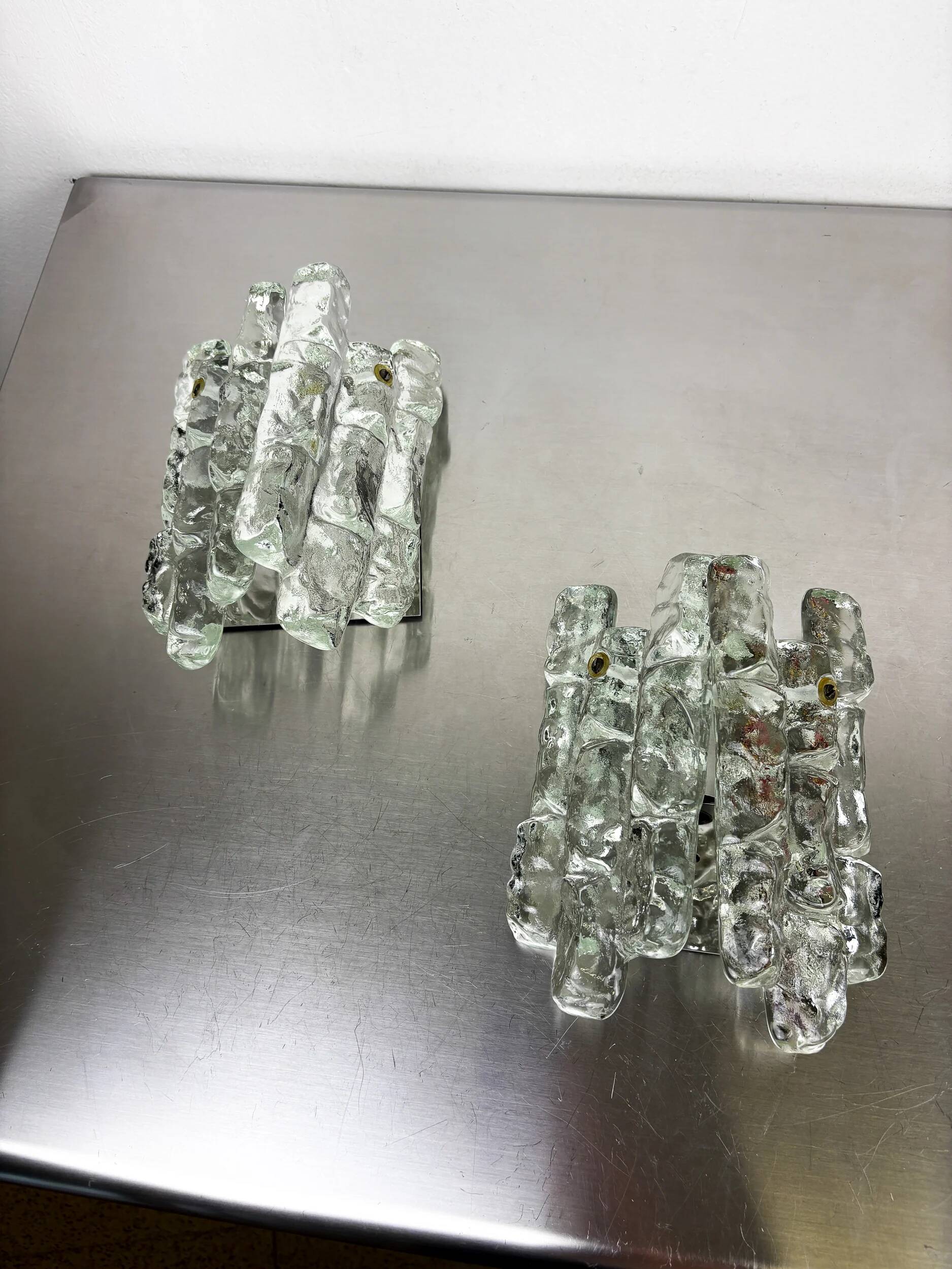 Pair of J.T. Kalmar 'Ice Cube' wall lights, frosted glass, Austria 1970s