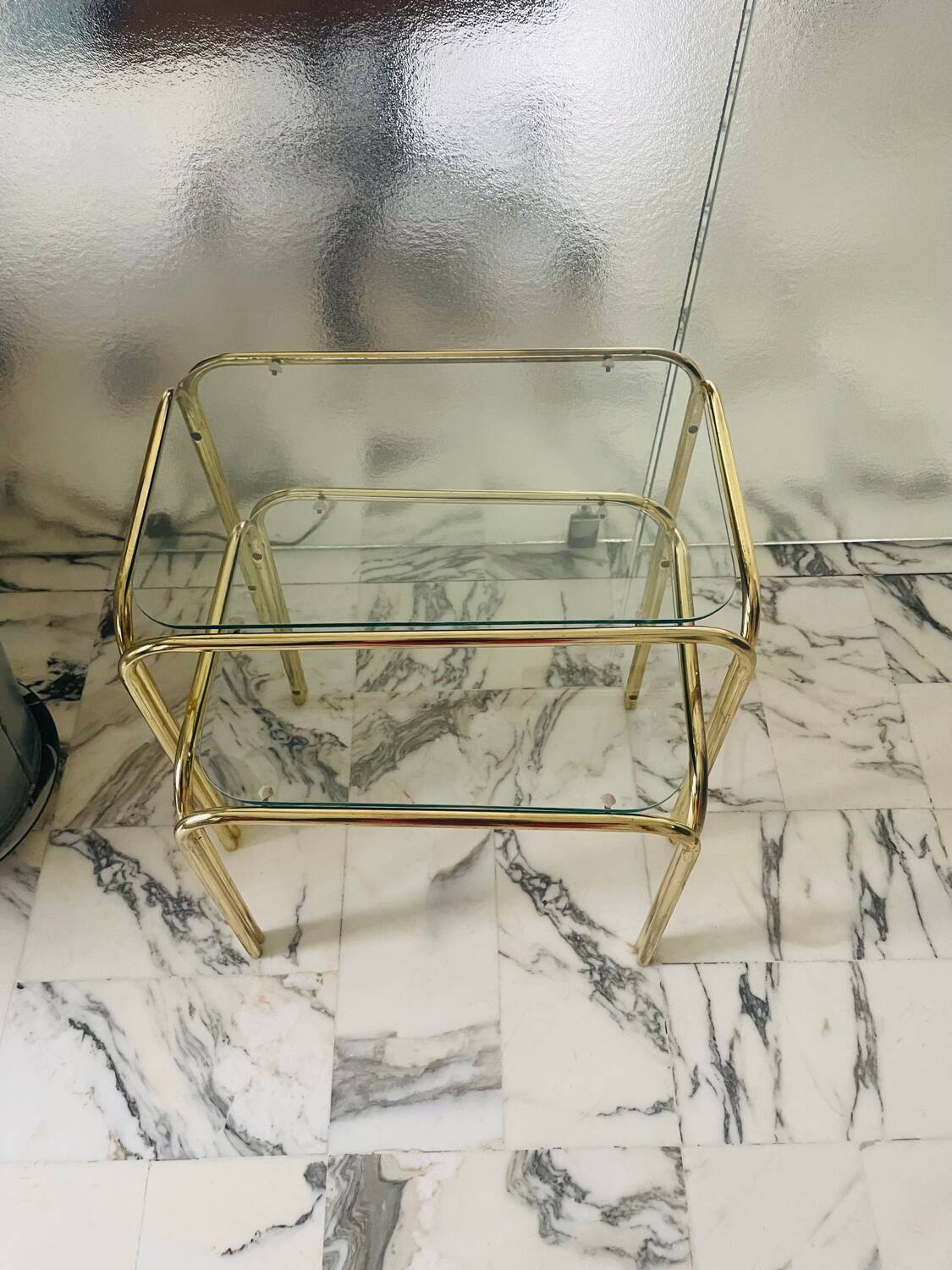 Vintage nesting coffee table in gold-plated metal, brass-style, circa 1970