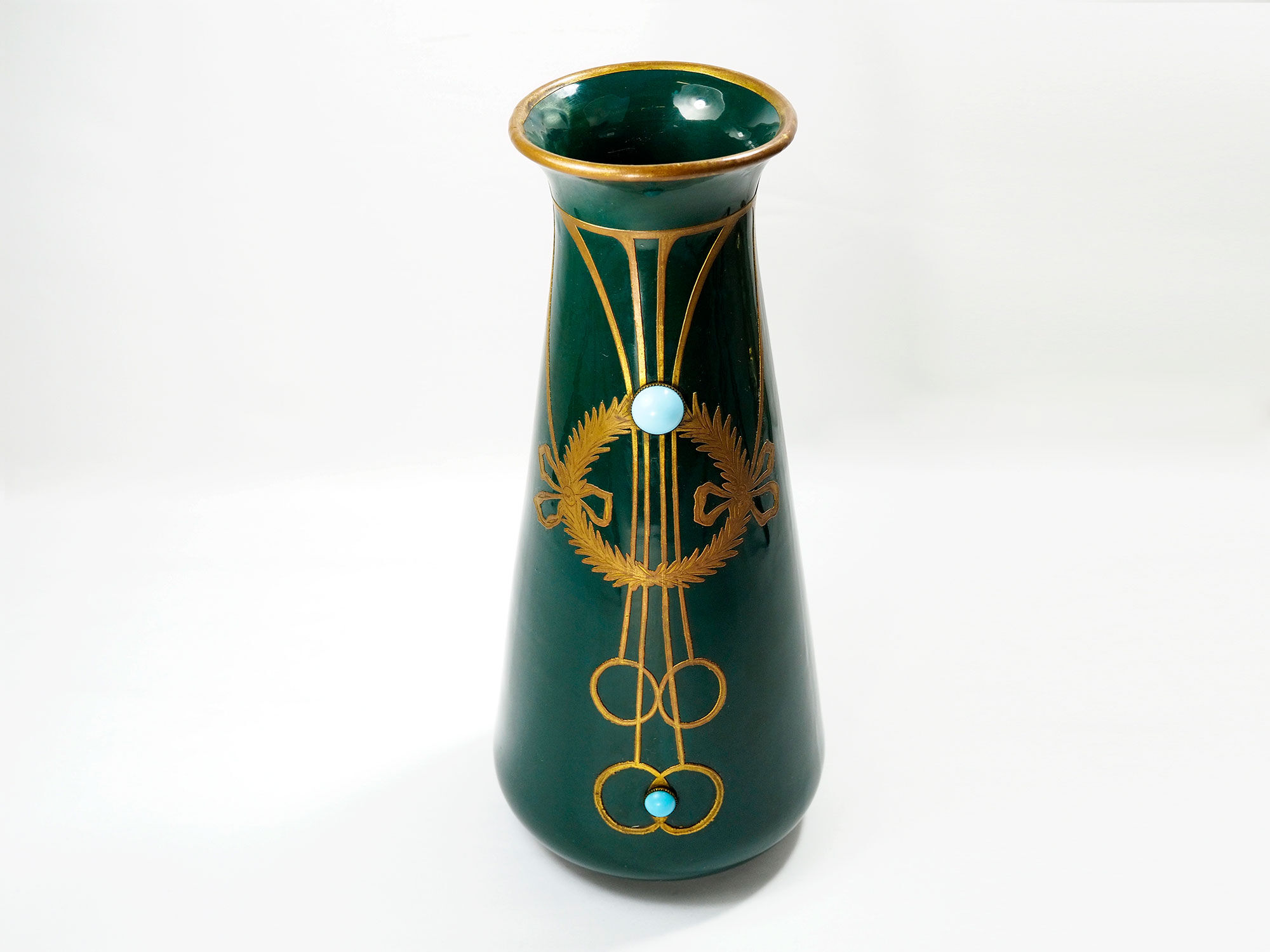 Antique secession vase in ceramic green glaze with copper & turquoise-1900s