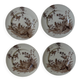 4 assiettes creil & montereau modèle chardonnerets décor oiseaux sépia