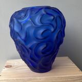 Blue frosted crystal vase Cristallerie de haute Bretagne France
