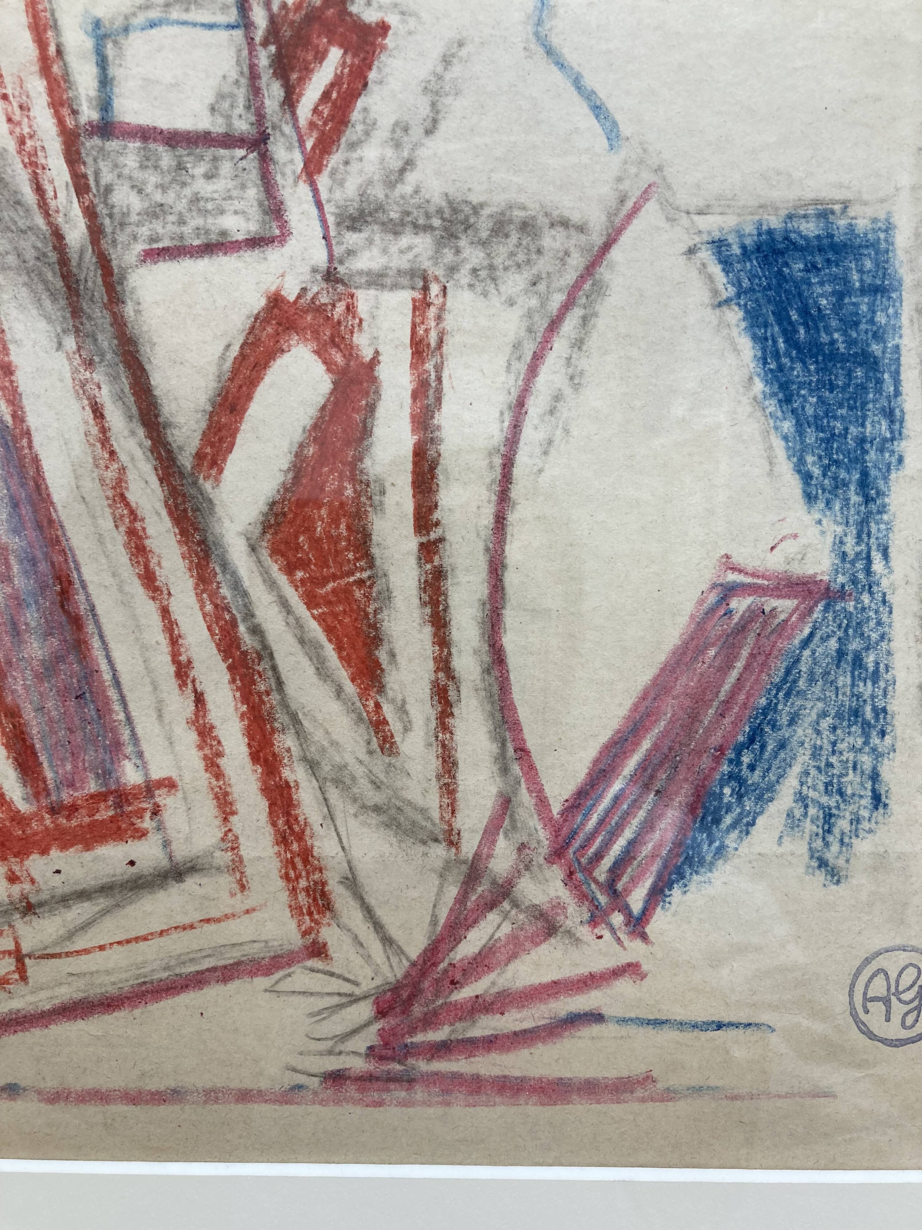 Alfred Gaspart (1900-1993), Cubist still life, pencil and oil pastel drawing framed