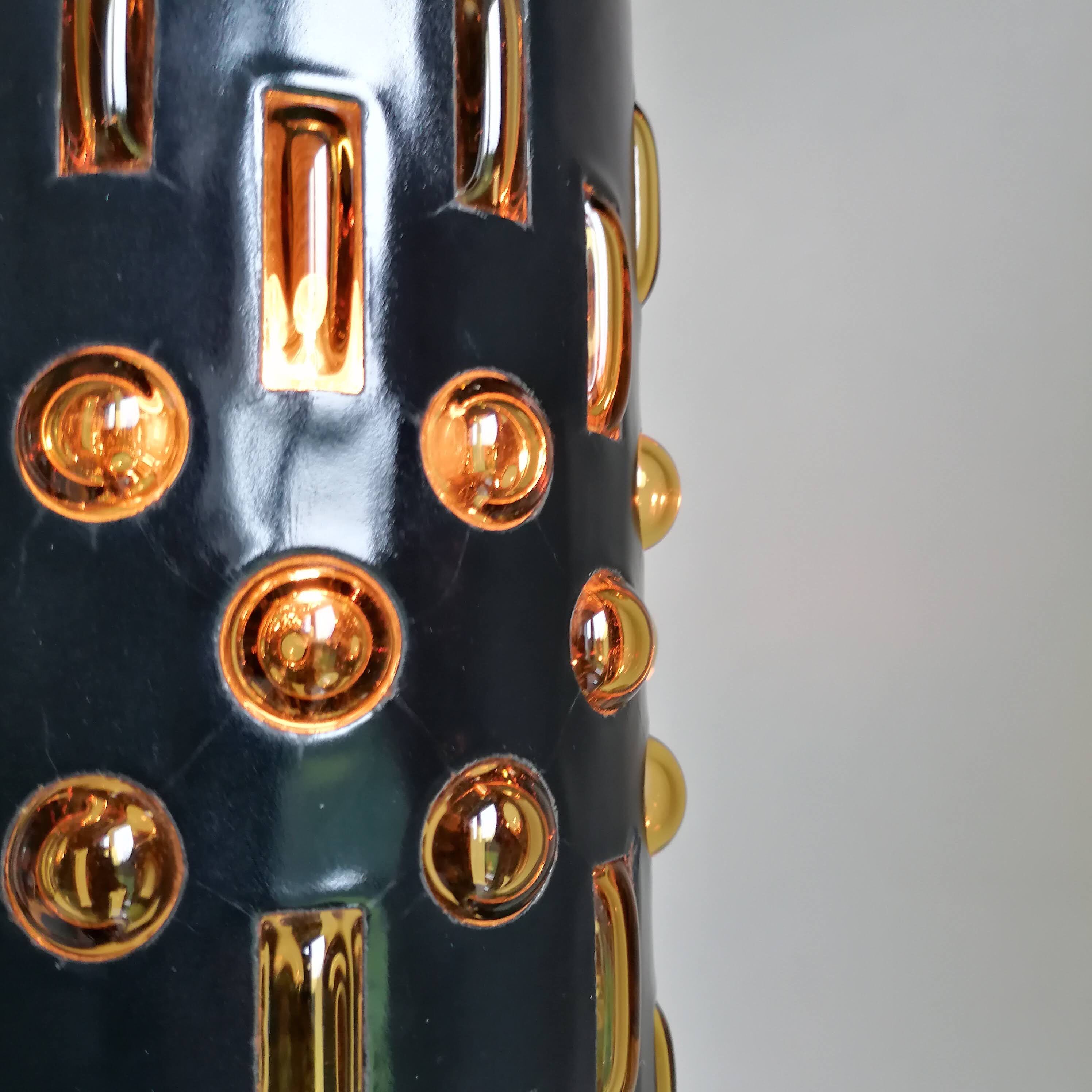 Amber blown glass and midnight blue metal hanging lamp 1960