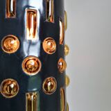 Amber blown glass and midnight blue metal hanging lamp 1960