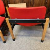 PAIR OF VINTAGE DESIGN ARMCHAIRS FROM THE 80S IN RED AND LIGHT BROS FABRIC