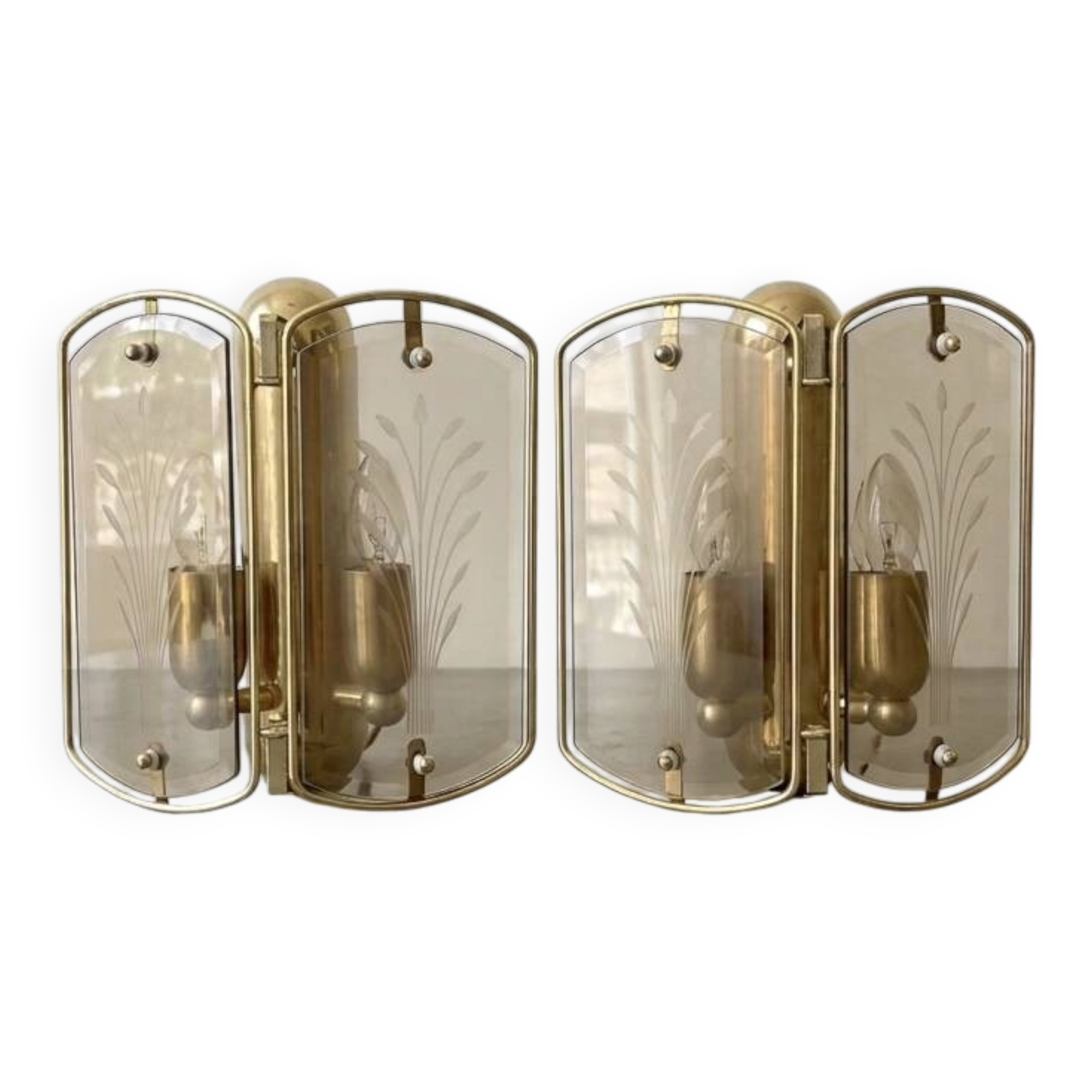 Pair of brass and smoked glass wall lights