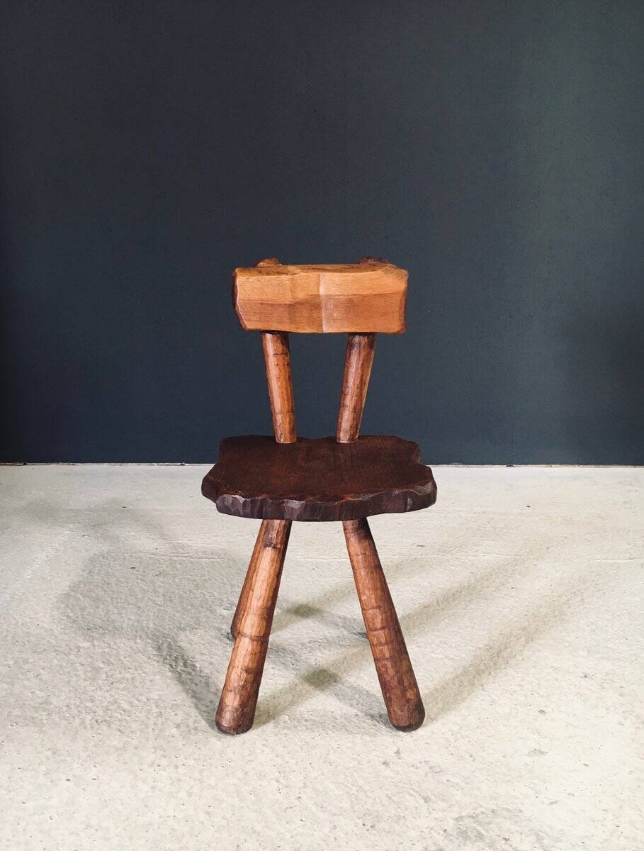 Rustic Alpine Hand-Carved Oak Chair, France, 1920s