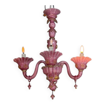 Petit lustre vénitien en verre de Murano rose et doré, vers 1930