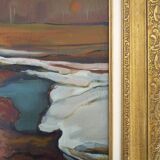 Abstract oil on canvas signed in its gilded wooden frame. 60s 70s