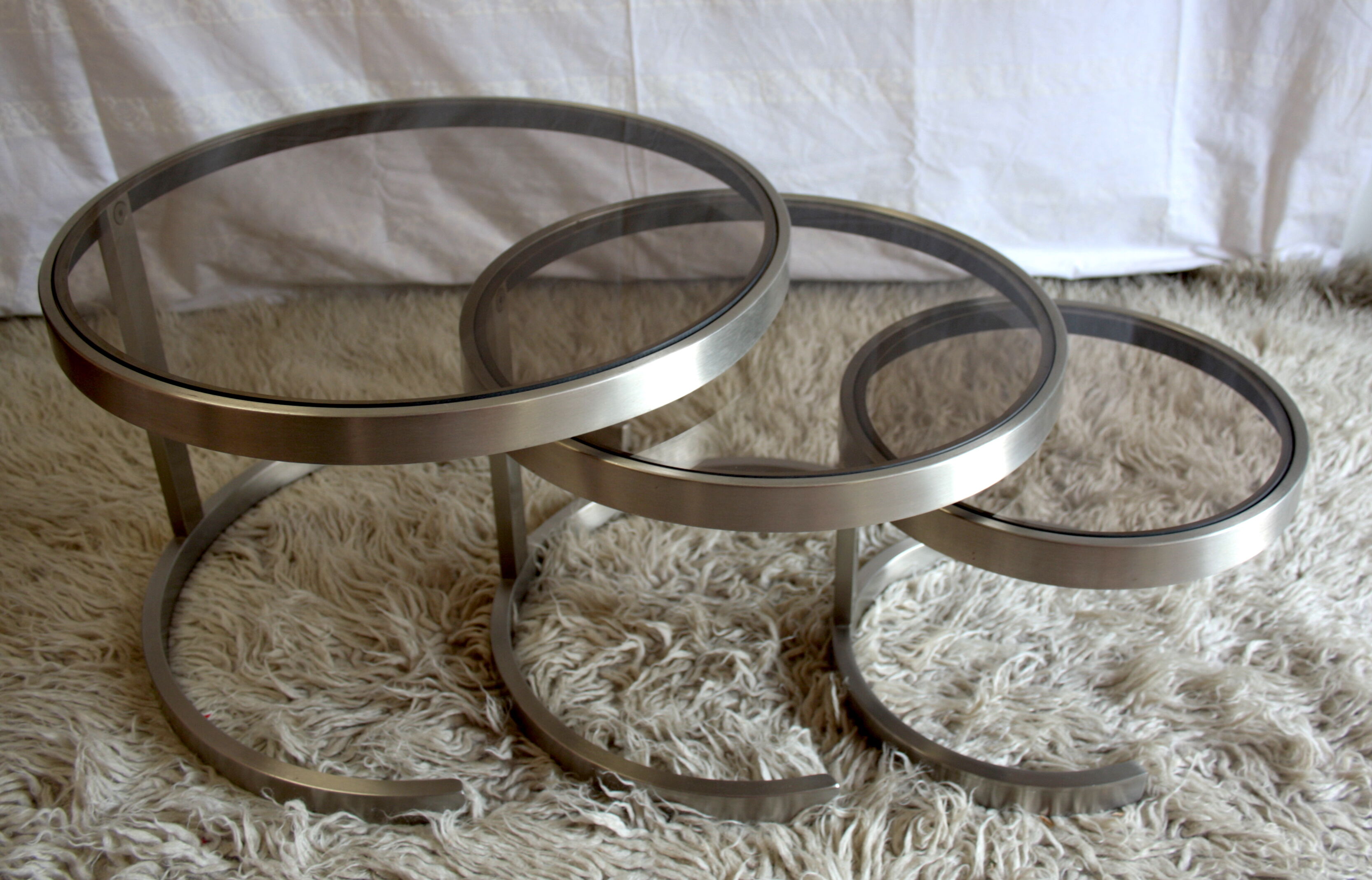 Pull-out tables (x 3) steel and glass smoked - 70s