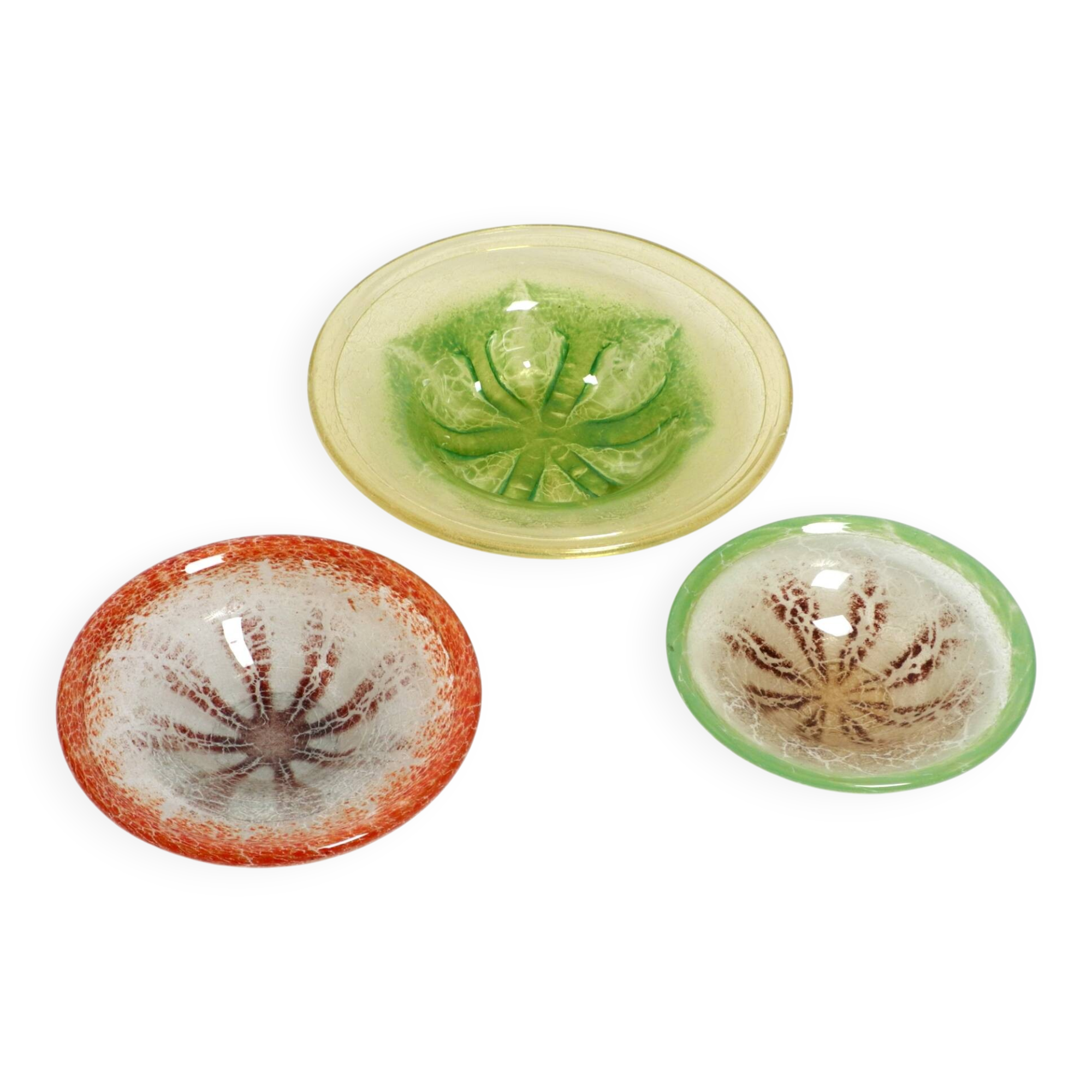 Three large colored 1930s glass bowls by Karl Wiedmann for WMF Ikora