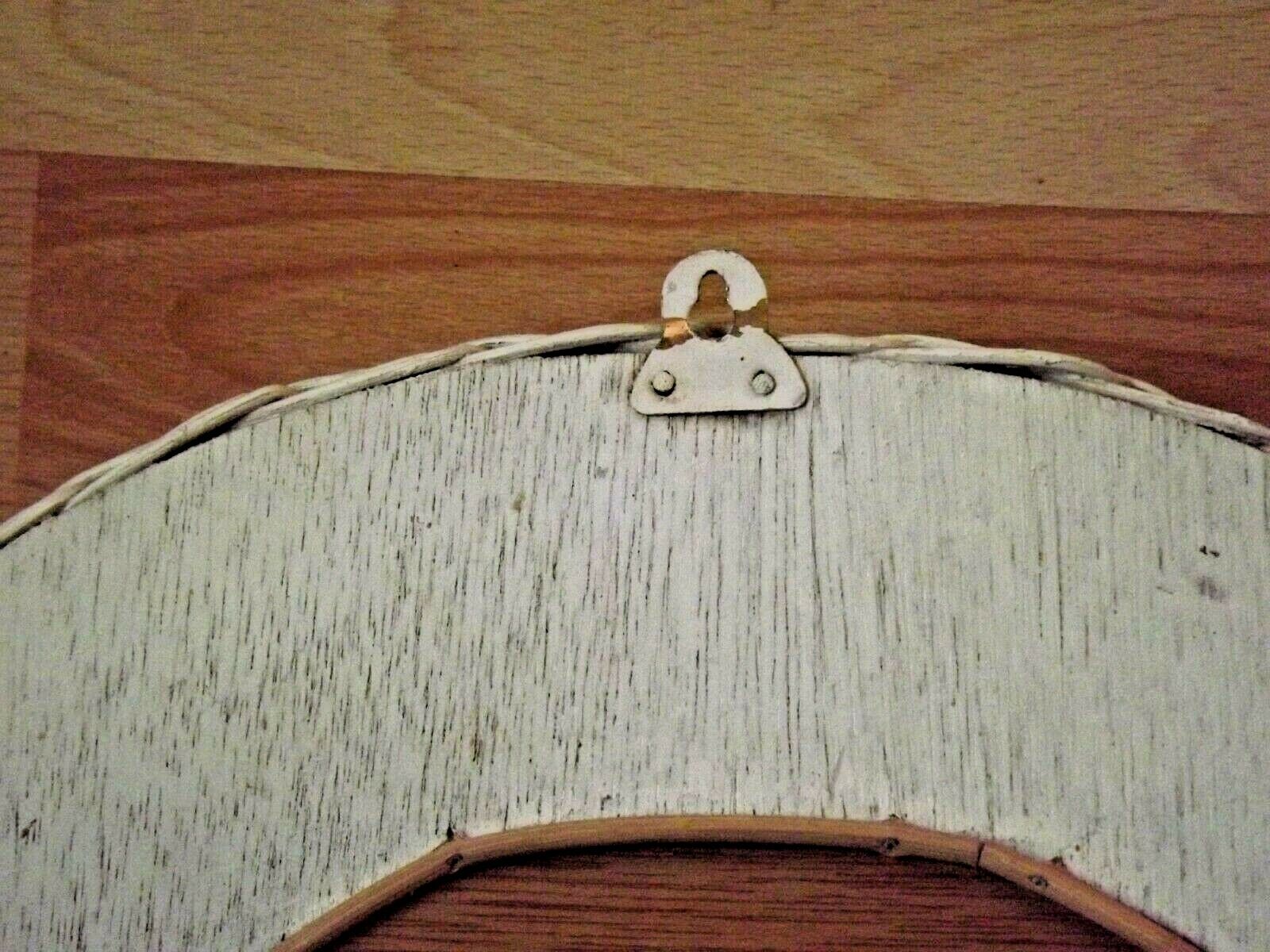 Vintage French White Oval Rattan Mirror Plywood Back Hanging Hook.