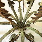 8-branch wrought iron chandelier with gray-green patina and antique gilding