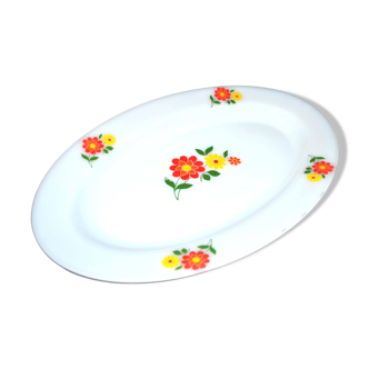 Oval flowered dish in ARCOPAL 1970 white opaline and orange and yellow flowers - vintage seventies