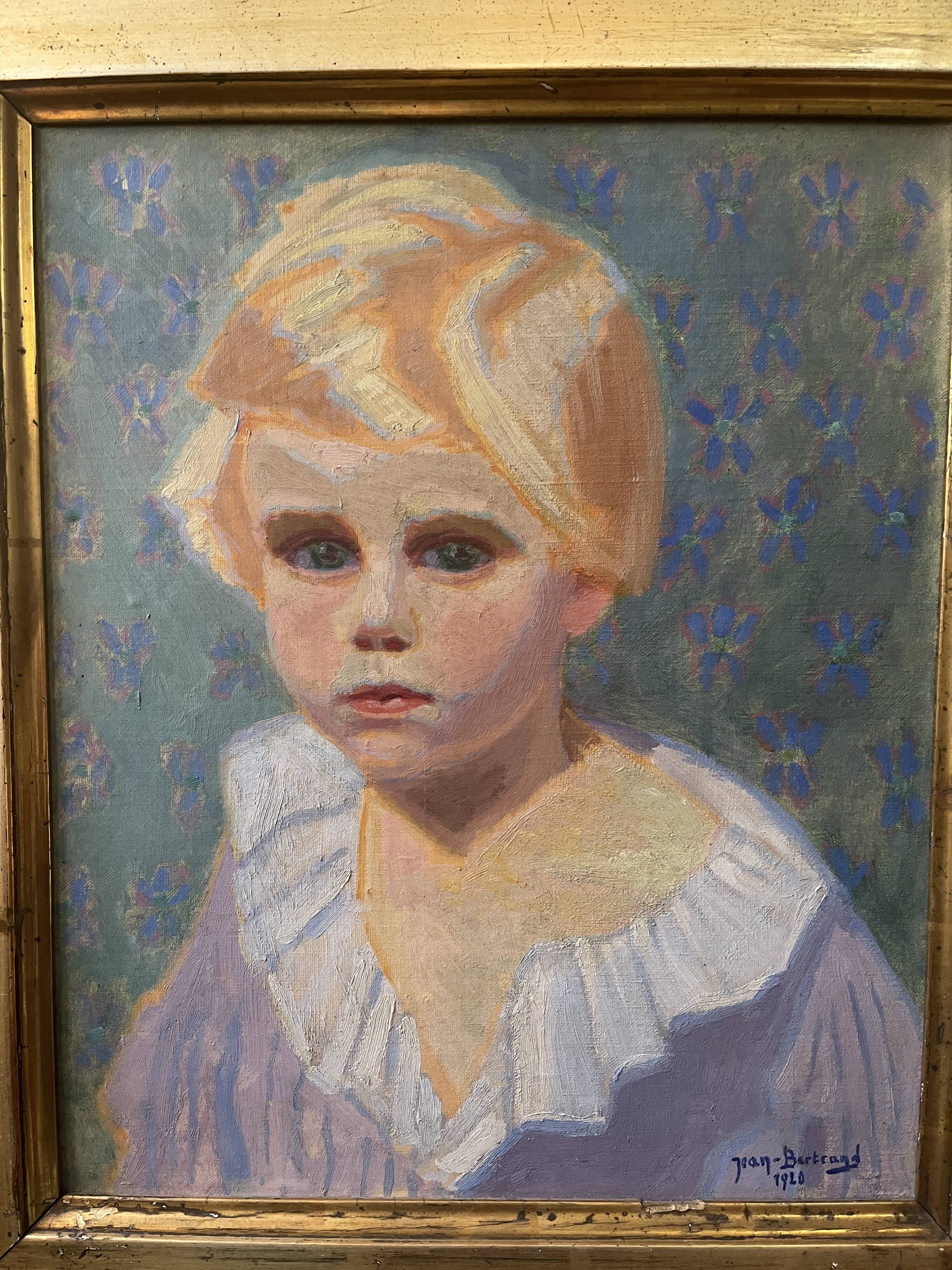 Oil on canvas, portrait of a child signed J. Bertrand, early 20th century.