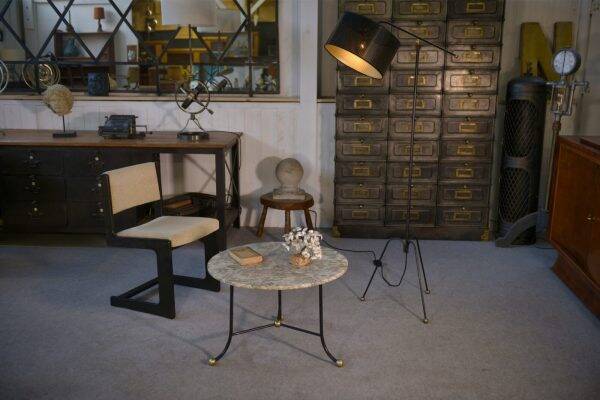 Marble side table with wrought iron base and brass balls in the style of Jean Royère, 1940s