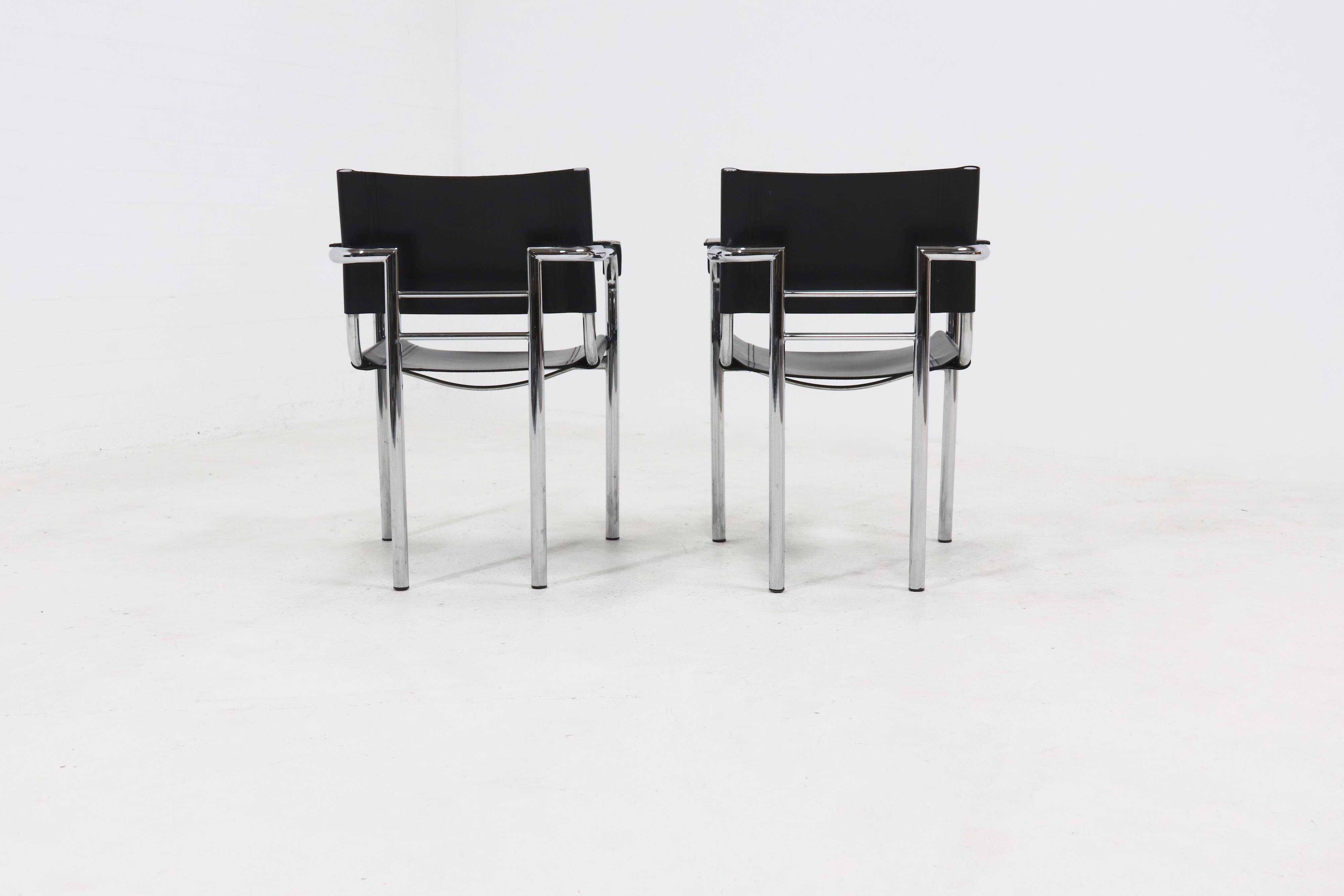 Set of 2 Italian Modern Saddle Leather and Chromed Steel Chairs 1980s