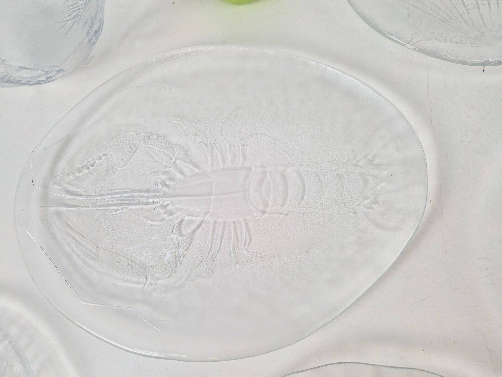 Vintage Glass Seafood Serving Bowl, Plate and Dinner Plates by Ann Warff for Kosta Boda, Sweden, 1970s, Set of 8