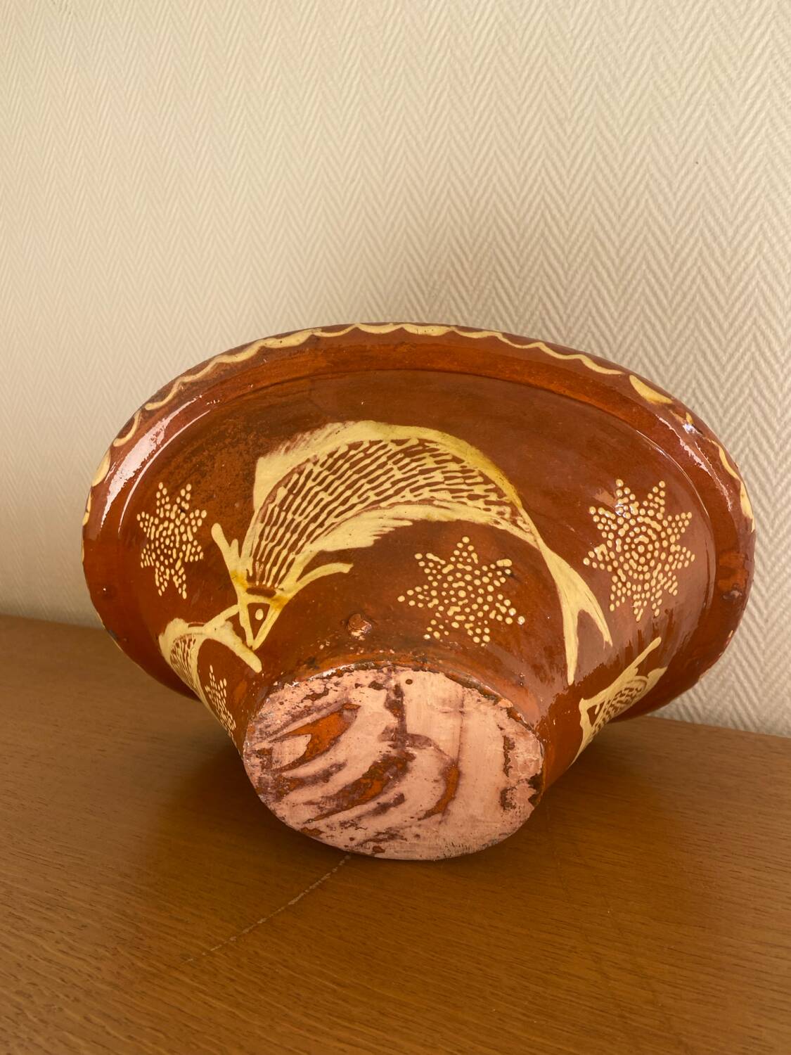 Old glazed terracotta plate, Portuguese craftsmanship.
