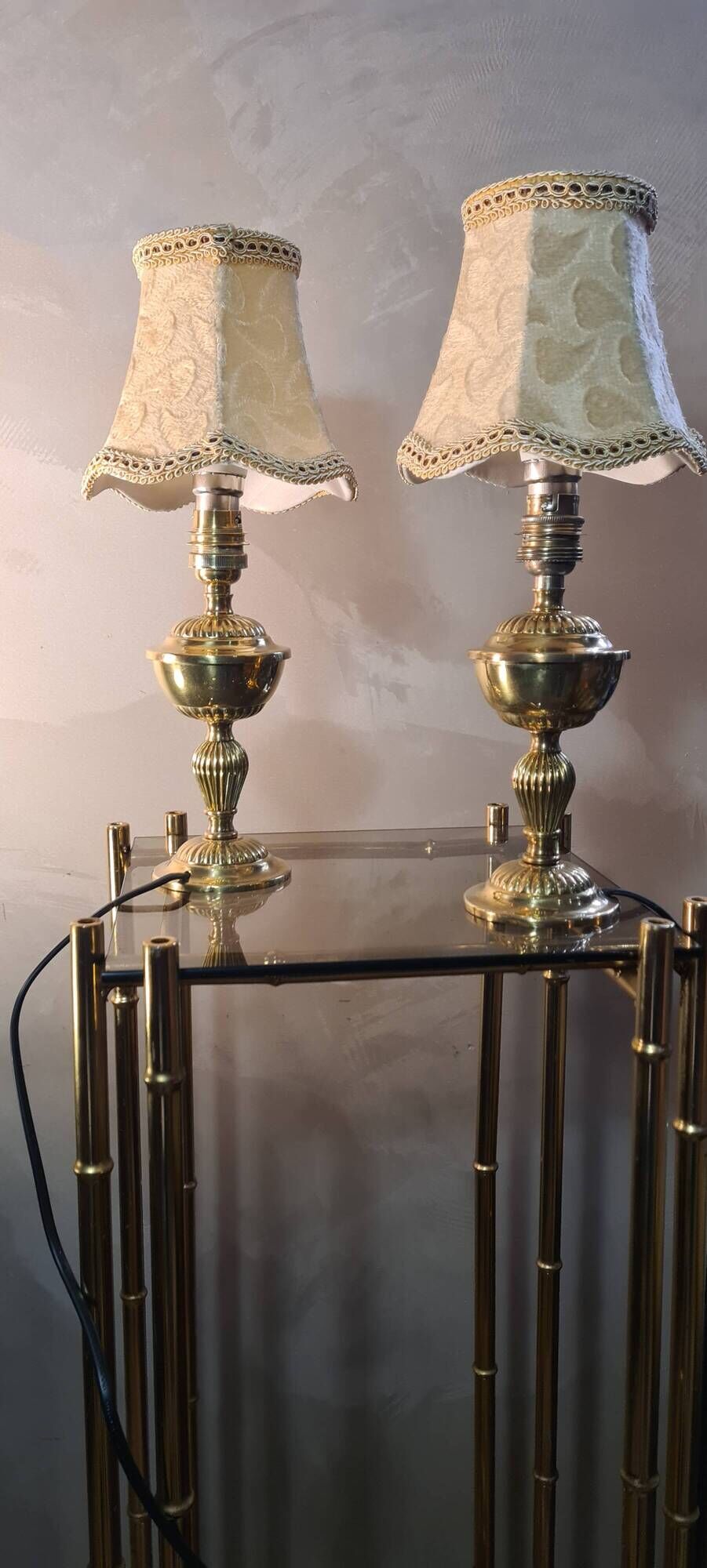 Pair of brass bedside lamp, with pretty velvet lampshade 31x14