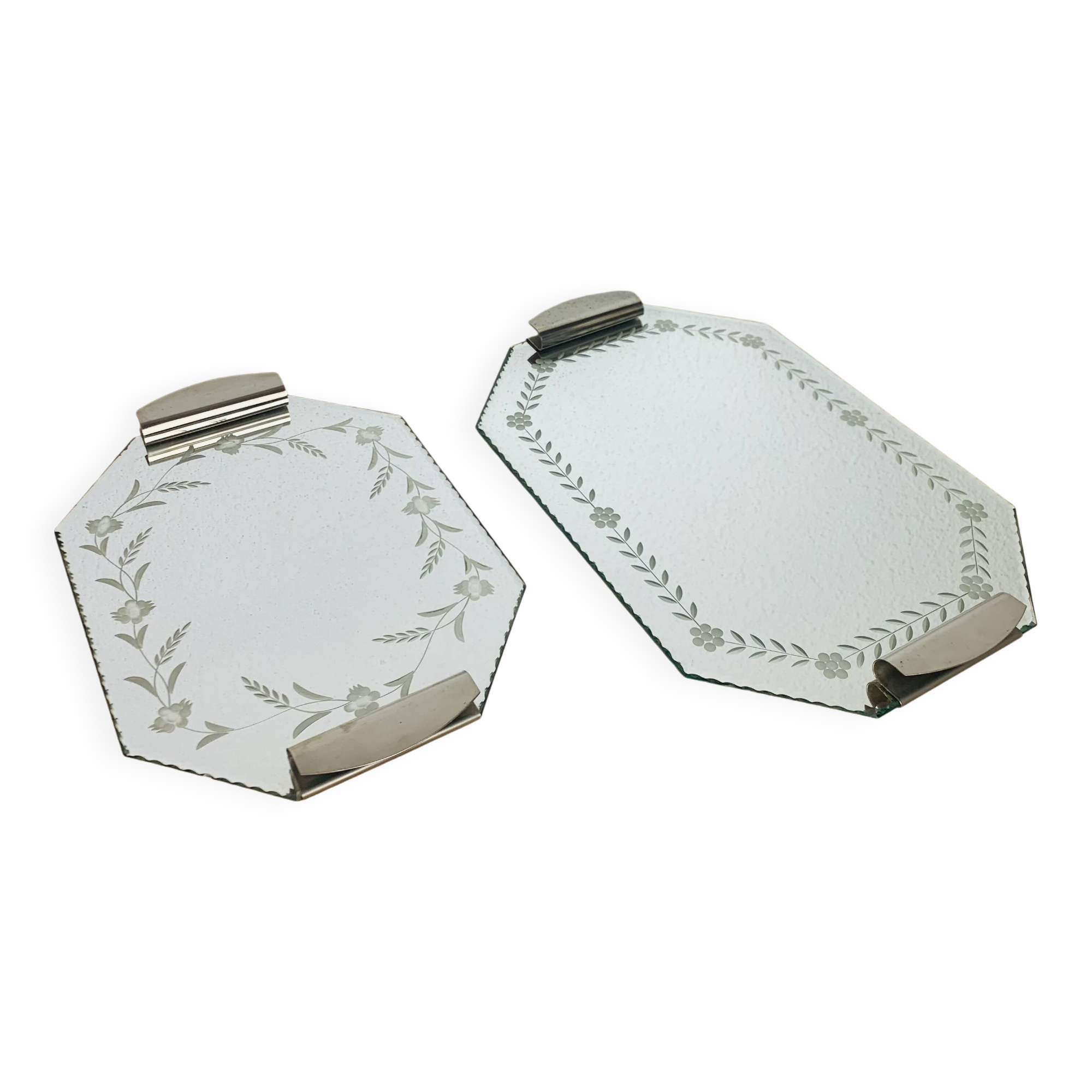 2 beveled art deco mirror trays