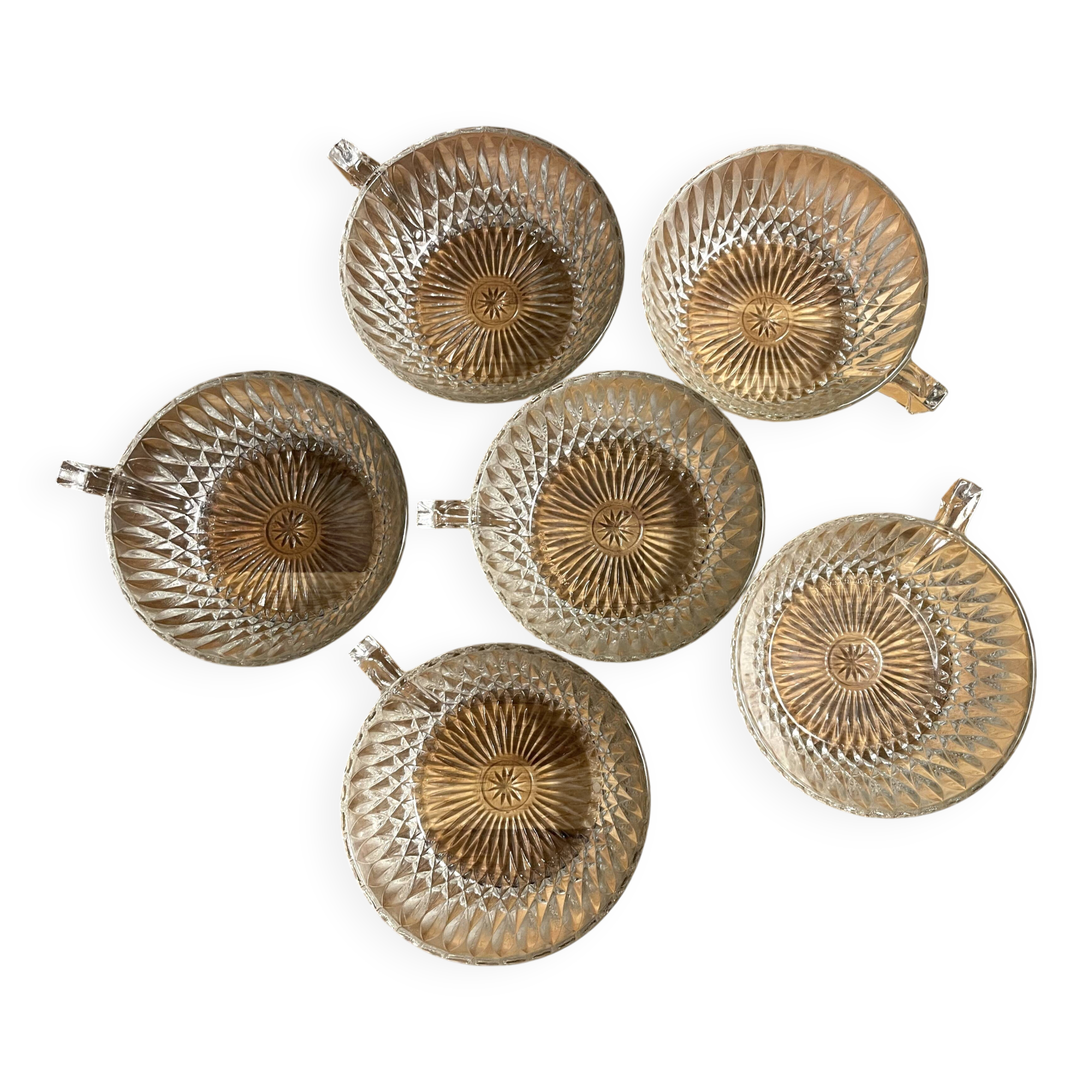 6 tasses à café en verre ciselé vintage en très bon état